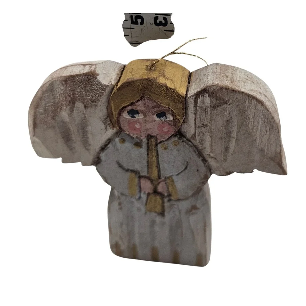 Vintage Folk Art Wooden Angel Ornaments Set of 2 Hand Painted Signed Rustic